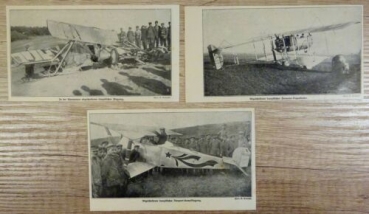 1917 - alter Druck - 3 Bilder von abgeschossenen französischen Kampfflugzeugen